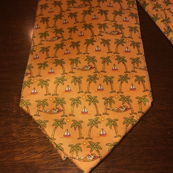 Salvatore Ferragamo Italian silk tie hammock palms and sailboats Light Orange